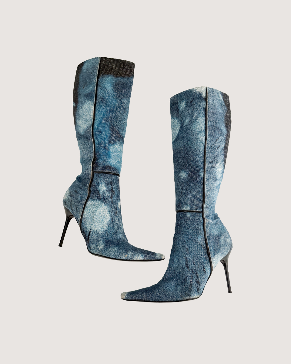 Roberto Cavalli Blue Painted Print Boot Heels (US 8 / IT 38